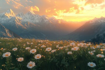 Poster - Bright yellow flowers bloom in a vast meadow beneath majestic mountains during golden hour with soft clouds in the sky