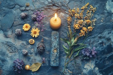 Aufkleber - Colorful crystals and decorative items displayed on a rustic surface in a serene setting with soft light and natural elements showcasing tranquility