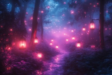 Aufkleber - Enchanting forest path illuminated by soft lantern light during twilight, creating a magical atmosphere for evening strolls