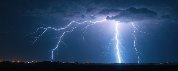 Poster - Huge lightning storm at night. Electric discharge with flash, bright glow, nature power, sky with dark clouds. Atmospheric, weather, natural disaster.