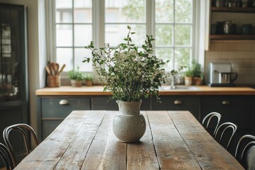 Poster - Vibrant green herbs in a rustic vase on a wooden table in a cozy kitchen with warm sunlight streaming through the window in the late afternoon