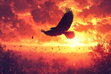 Aufkleber - Majestic eagle soaring above rugged mountains at sunset with vibrant hues lighting up the sky and clouds creating a breathtaking natural spectacle