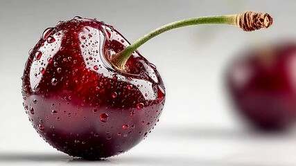 Poster - Vibrant Cherry's Essence: A close-up shot captures the glistening surface of a single, perfectly ripe cherry, its rich red skin adorned with tiny droplets, hinting at its refreshing taste.