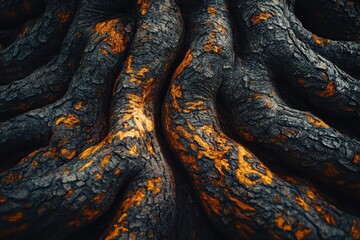 Poster - Detailed view of textured tree roots showcasing intricate patterns and warm orange highlights on a forest floor during autumn