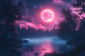 Aufkleber - Ethereal moonlight casts a soft glow over a misty forest landscape at night, creating a magical atmosphere of tranquility and wonder