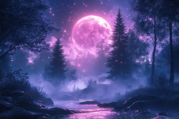 Aufkleber - Ethereal moonlight casts a soft glow over a misty forest landscape at night, creating a magical atmosphere of tranquility and wonder