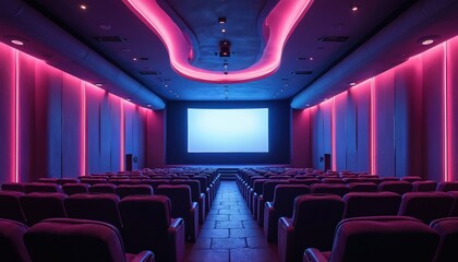 Leinwandbilder - Modern movie theater interior design. Empty cinema auditorium with rows of seats, bright screen, purple and blue neon lights. Empty cinema hall with stage, lights, and shadows.