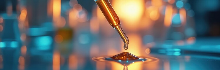 Poster - Biotech research lab illustration. Droplet falling into liquid, scientific analysis. Medical research, innovative healthcare concepts, pharmaceutical industry, biotechnology, medical solution,