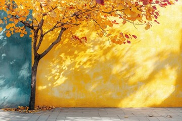 Poster - Sunlight streams through a window casting shadows on a bright yellow wall next to a green plant and a wooden chair in a cozy interior space