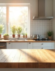 Aufkleber - Wooden kitchen table with blurred interior background, plants on window sill. Warm sunlight, copy space for display product. Modern home design with clean aesthetic. Perfect for product presentation,