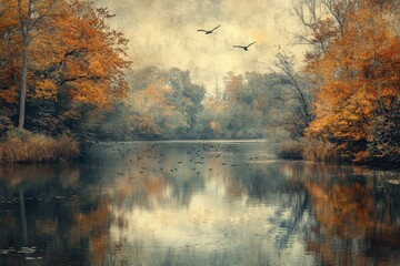 Poster - Tranquil river with birds flying over a misty landscape during early morning light in a secluded forest