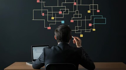 Poster - Businessman sitting at desk and analyzing different career paths and choices, facing a blackboard with interconnected lines and colorful squares representing possible options and directions