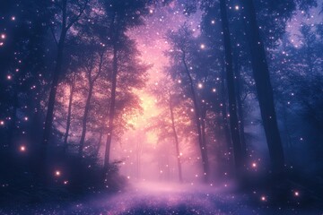 Aufkleber - Magical forest illuminated by glowing particles at dusk, creating an enchanting atmosphere without a hint of humanity