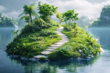 Aufkleber - Luminous winding path through a vibrant green forest island surrounded by shimmering water at night, inviting exploration and tranquility in a magical landscape