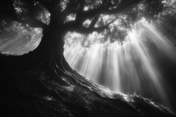 Aufkleber - Majestic tree illuminated by warm light rises above ethereal mist in peaceful landscape during dawn hours