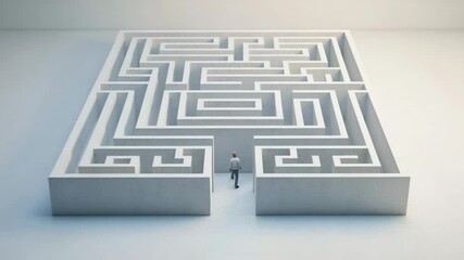 Poster - Multiple instances of a businessman standing at the entrance of a large, intricate white maze isolated on a white background represent the challenging career choices and decisions he faces