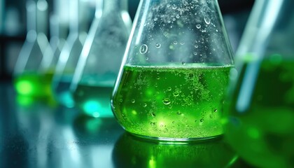 Poster - Green liquid in lab flasks with bubbles. Scientific experiment, research on chemistry, biology, and medicine. Pharmaceutical analysis, technology exploration in laboratory. Innovation discovery.