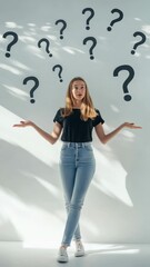 Poster - Multiple images of a young woman on a white background, question marks surrounding her as she contemplates different choices, symbolizing decision making, confusion, and the fear of better options