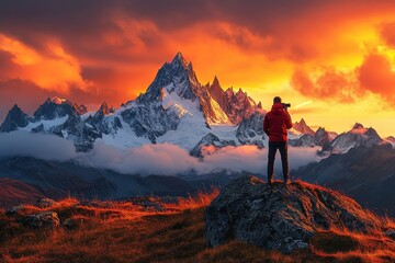 Aufkleber - Capturing a breathtaking sunset over snow-capped mountains in the wilderness with vibrant colors illuminating the sky and the landscape at dusk