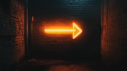 Poster - Orange neon arrow sign shines brightly on a dark brick wall in an alleyway, symbolizing direction, choices, and the pursuit of opportunities in a mysterious and unknown path