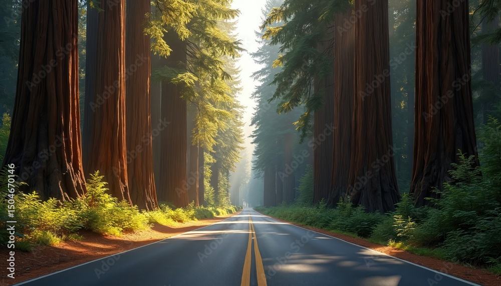 Scenic view of Redwood Highway with giant trees, sunlight. Asphalt road leads into forest. Famous travel destination US. Nature landscape, serene environment.
