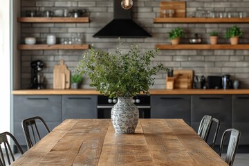 Aufkleber - Floral centerpiece brightens a rustic kitchen table during morning sunlight hours in a cozy home environment