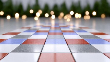 Leinwandbilder - Geometric Pathway with Blurred Lights: A meticulously crafted pathway composed of colorful tiles leads the eye toward a mesmerizing bokeh of soft, blurred lights.