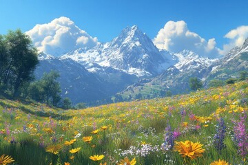 Poster - Vibrant wildflowers bloom across a meadow with majestic snowy mountains under a clear blue sky in the peaceful afternoon light