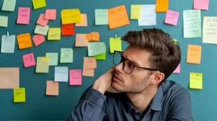 Aufkleber - Multiple images of a pensive businessman touching his head and looking at sticky notes on a wall, evaluating different options and making a decision
