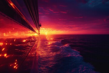 Poster - Cruise ship gliding across shimmering water at sunset, casting reflections under a vibrant sky filled with clouds