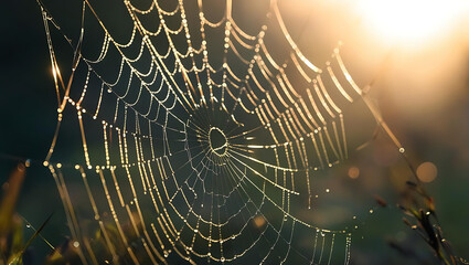Spider web covered in morning dew drops in nature closeup