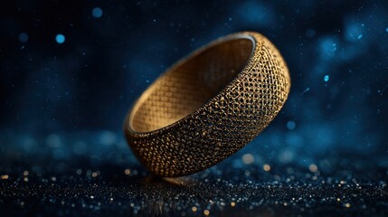 Close up shot of a golden ring with a mesh pattern on a dark surface with bokeh lights in the background