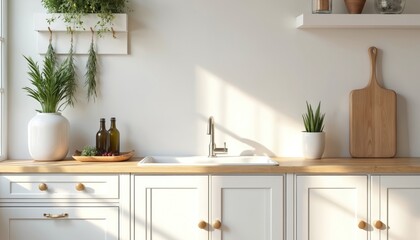 Aufkleber - Modern farmhouse kitchen interior design with white cabinets, wooden countertop. Decorative plant arrangement. Sunlight from window highlights clean space, creates cozy atmosphere. Culinary theme,