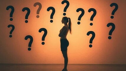 Poster - Silhouette of a thoughtful young business woman evaluating different possibilities, surrounded by question marks on an orange background, symbolizing confusion and difficult decision making