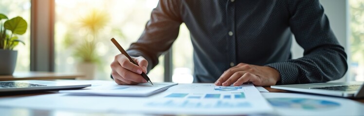 Poster - Pro works on business project. Man writes pen on documents, financial report with graphs, charts. Modern workplace, laptop, desk, bright daylight. Business concept, finance, marketing.