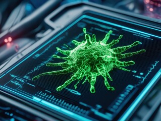 Poster - Digital Representation of Virus with Neon Green Color on Futuristic Screen Interface Analyzing Microorganism Behavior