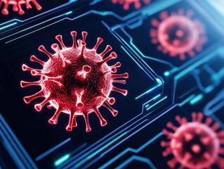 Poster - close-up of 3d virus model with digital interface background representing infection and contagion in