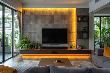 Aufkleber - Living room with warm lighting and modern decor featuring a flat screen television displaying a nature scene at dusk