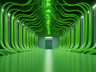 Poster - Abstract green corridor with flowing textures and illuminated pathways in a futuristic digital space