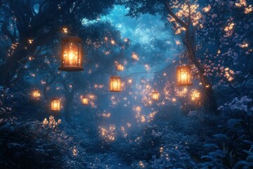 Aufkleber - Illuminated lanterns glow softly along a winding path in a tranquil forest during twilight, creating a magical atmosphere filled with wonder and serenity