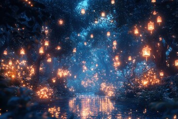 Aufkleber - Illuminated lanterns glow softly along a winding path in a tranquil forest during twilight, creating a magical atmosphere filled with wonder and serenity