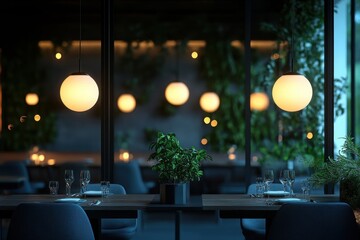 Aufkleber - Modern dining space featuring minimalist decor with soft lighting and panoramic windows overlooking nature