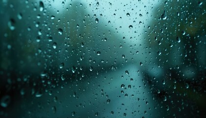 Poster - Raindrops on glass surface. Drops of water texture background with blurred outside view. Wet transparent window with rain drops. Rainy season, autumn or weather forecast concept.