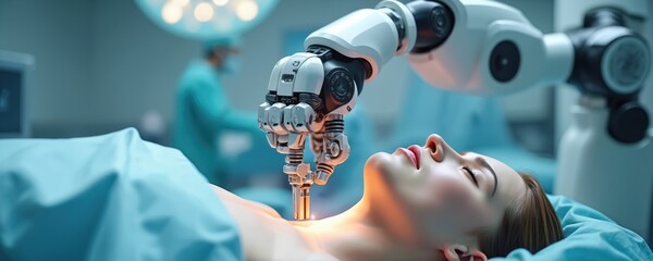 Aufkleber - Surgical robot performs minimally invasive procedure on patient in operating room. Healthcare tech innovation, precise automated surgery. Robotic arm medical instrument, incision treatment, modern