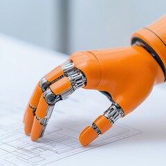 Poster - Futuristic robotic hand touching paper blueprint with technical drawings and engineering designs in soft focus background