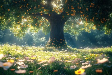 Aufkleber - Vibrant spring landscape featuring a large tree surrounded by colorful flowers in a serene forest setting during early morning light