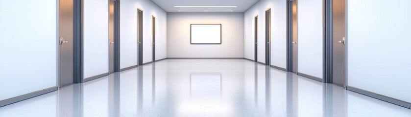 Poster - Modern hallway interior design with multiple doors, bright lighting, and polished floor surface