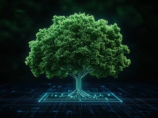 Poster - Vibrant Digital Tree with Glowing Roots and Leaves on Futuristic Background Representing Nature and Technology