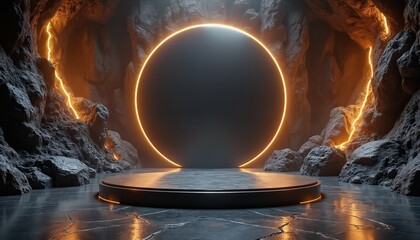 Aufkleber - Futuristic 3D podium with metallic surface in raw mineral rocks background, glowing gold veins, soft lighting casting shadows. Stage for product showcase, tech design, art gallery with modern design,
