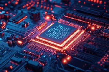 Poster - Close-up of a computer chip on a circuit board, glowing with vibrant lights.  Detailed circuitry and components are visible